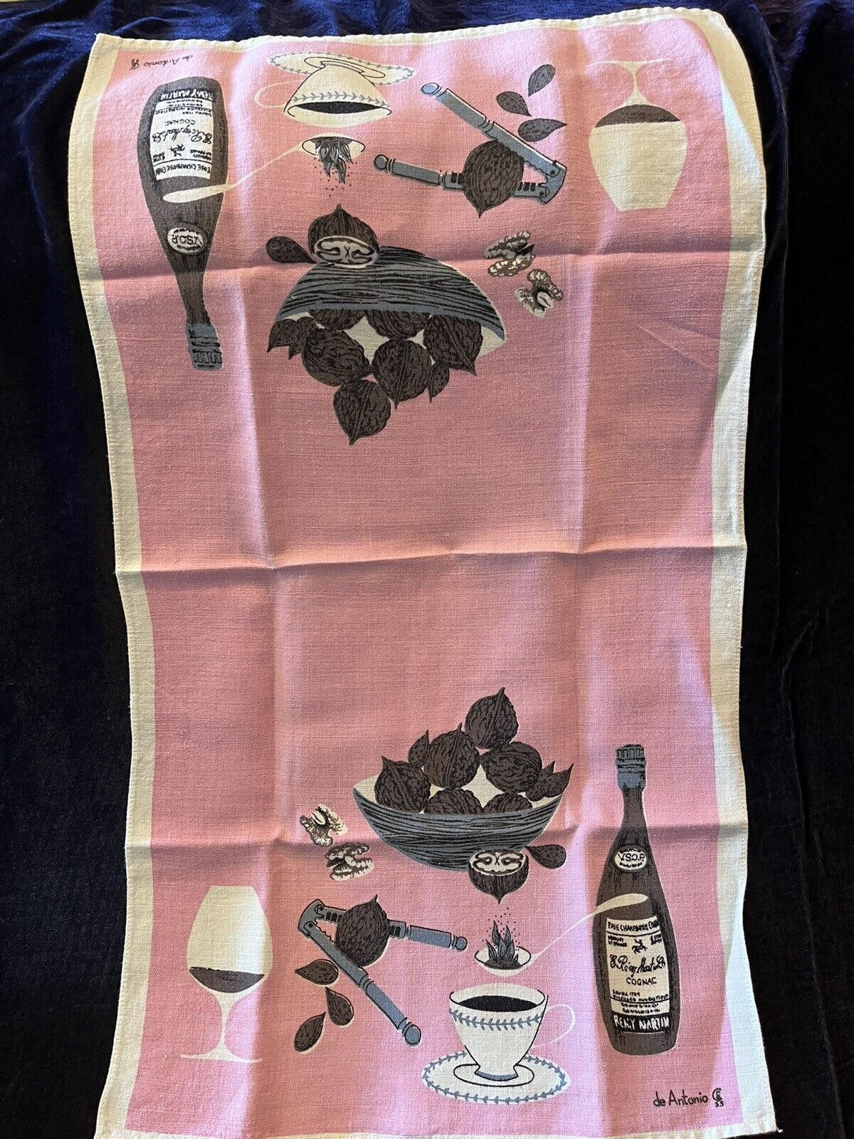 1955 DESIGNER LINEN KITCHEN TOWEL- TYPICAL PINK/BLACK, COGNAC,COFFEE, WINE, SIGN