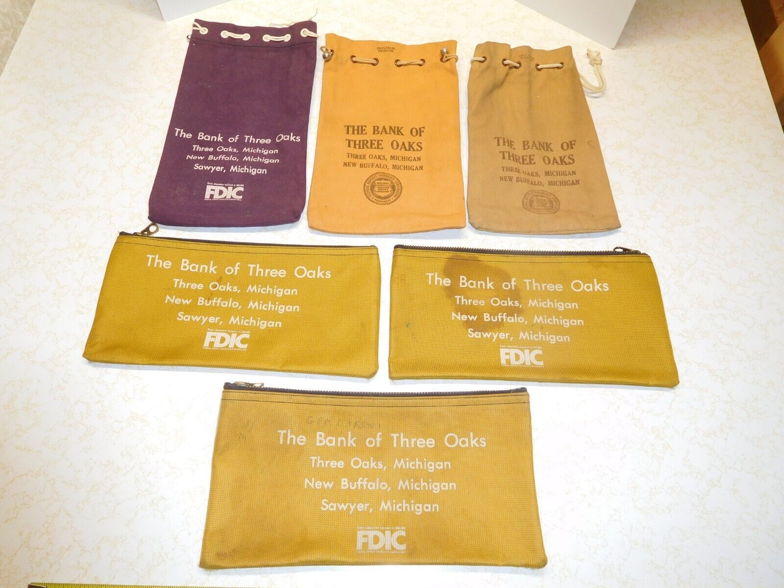 6 Vintage Bank of Three Oaks Michigan Multi-Colored Canvas Deposit Bags