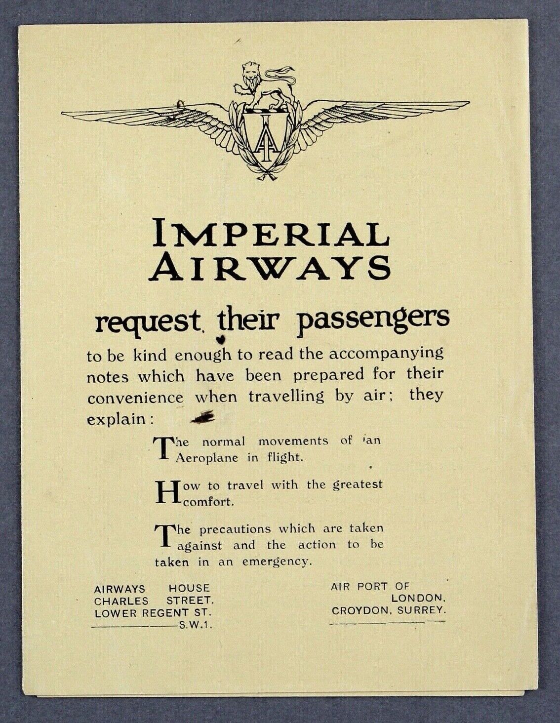 IMPERIAL AIRWAYS VINTAGE AIRLINE SAFETY CARD & INFORMATION BROCHURE 1930 
