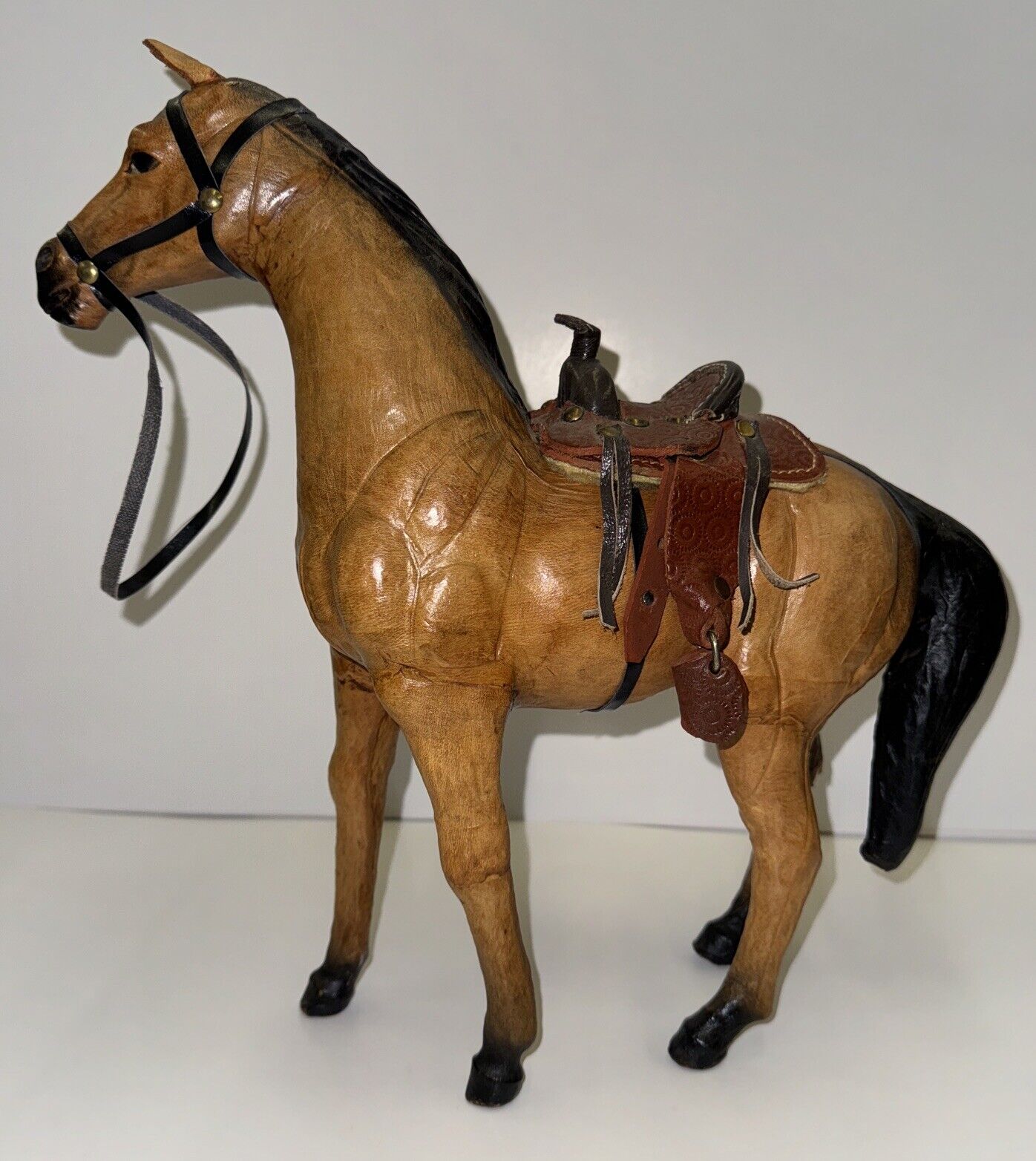 Vintage Handmade Leather Horse & Saddle Figurine Glass Eyes Equestrian 10” H