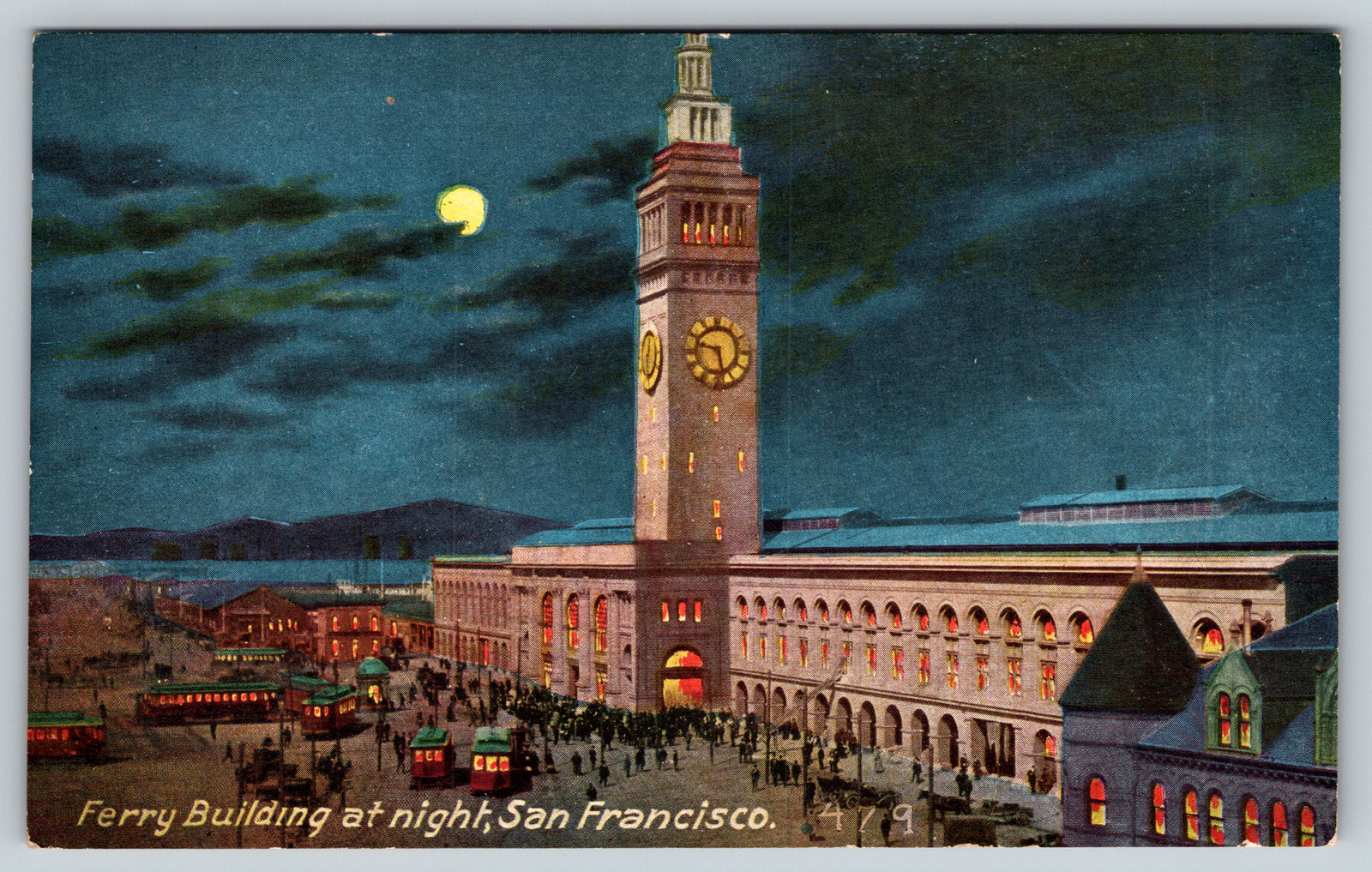c1910s Ferry Building Night View San Francisco CA Cable Cars Antique Postcard