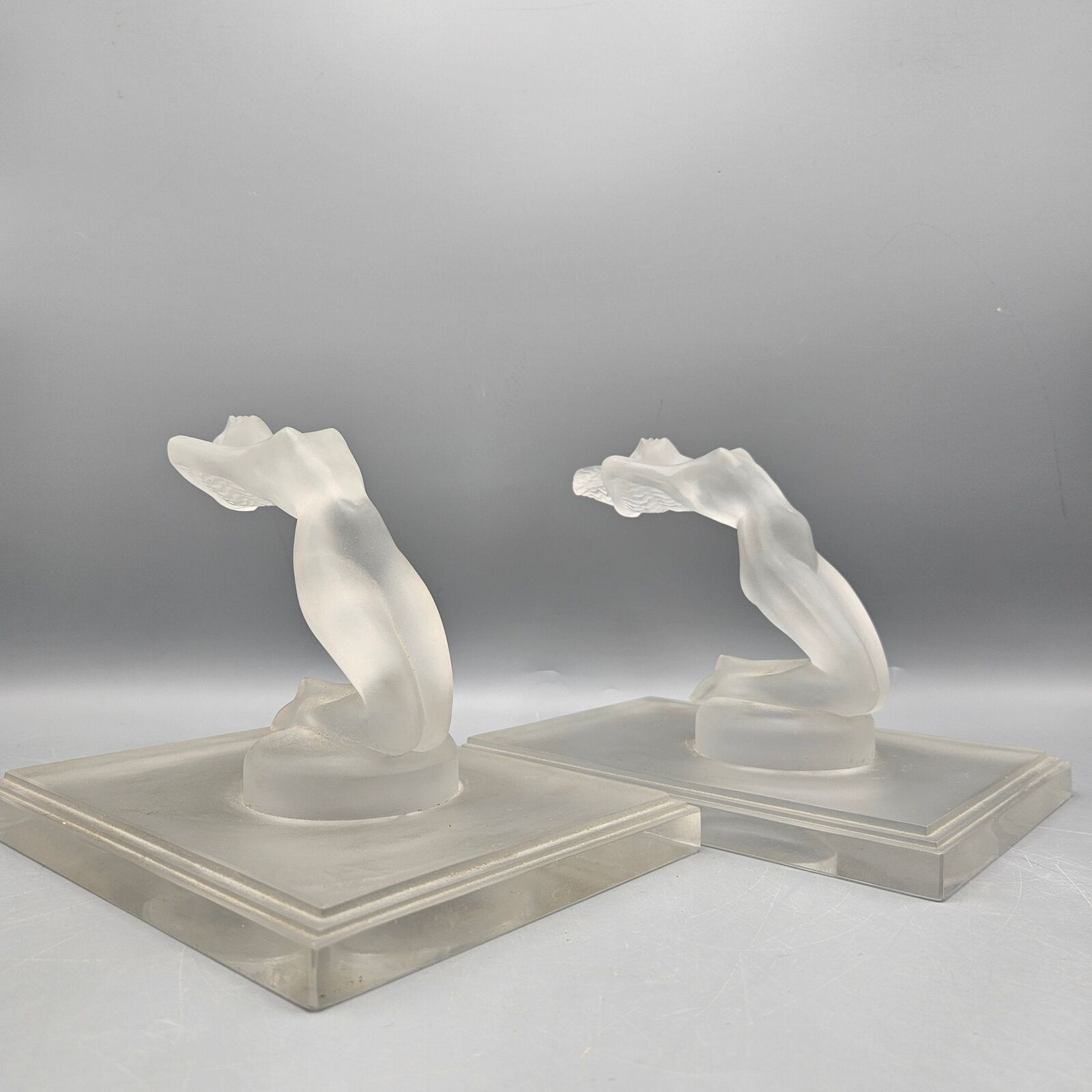 Pair of Lalique Frosted Glass \'Chrysis\' Figural Bookends Model Introduced 1931