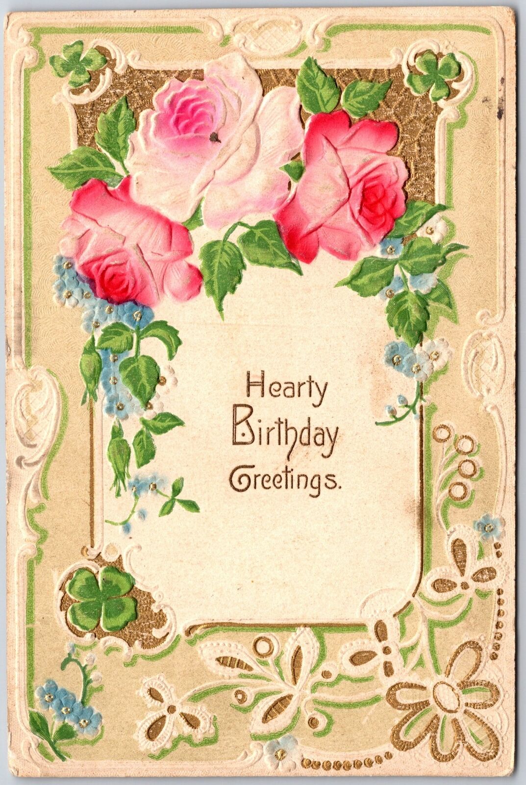1911 Hearty Birthday Greetings Embossed Rose Flower Bordered Posted Postcard