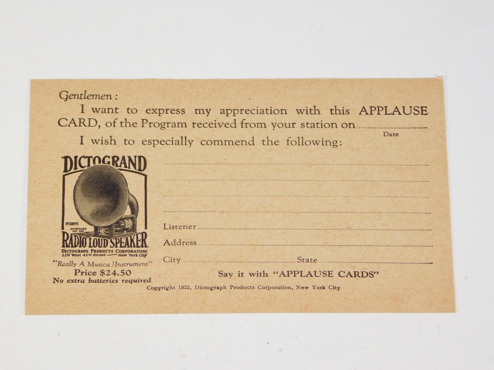 NOS Antique 1923 Radio Loud Speaker Headset Applause Post Card RCA Store Promo