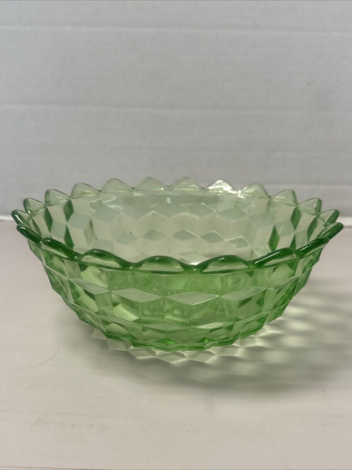 Vintage Depression Green Glass Dish Bowl Glowing Vaseline Glass Optical Pattern 
