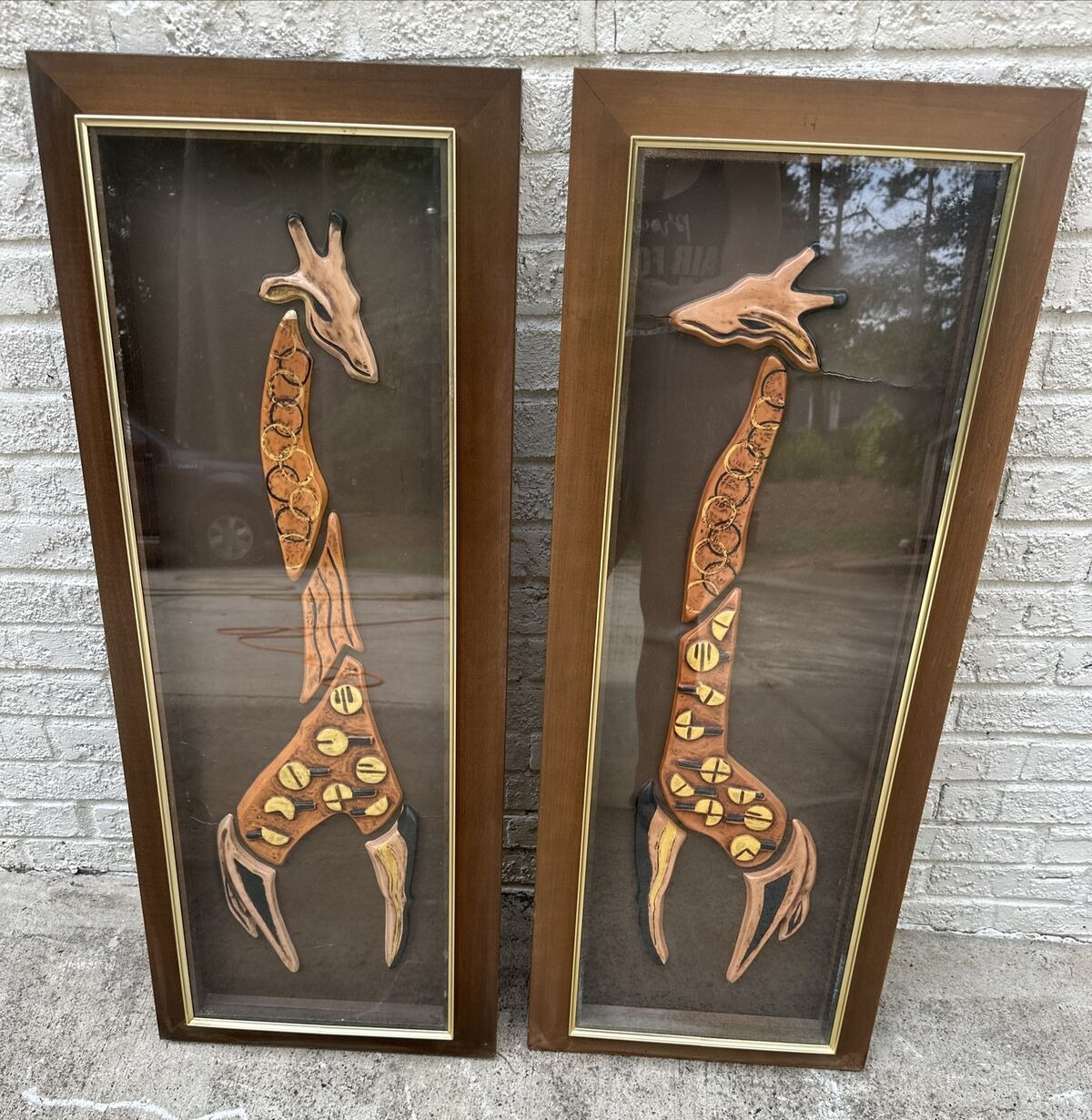 Vintage Turner Mfg Company Florals Wall Accessory MCM Giraffes Framed Lot of 2