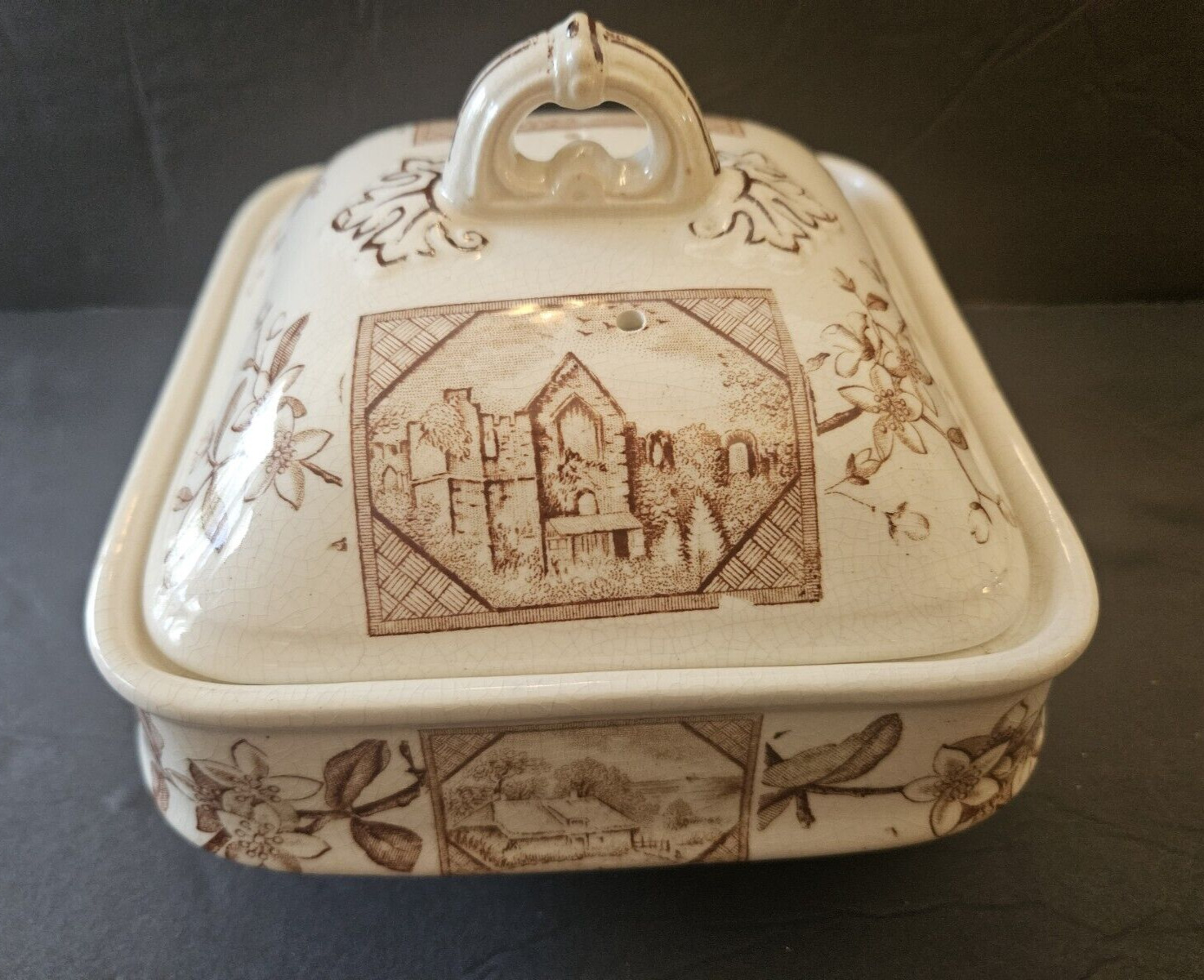 Antique Aesthetic Movement Brown Transferware Tureen  Butter Covered Dish 1890\'s