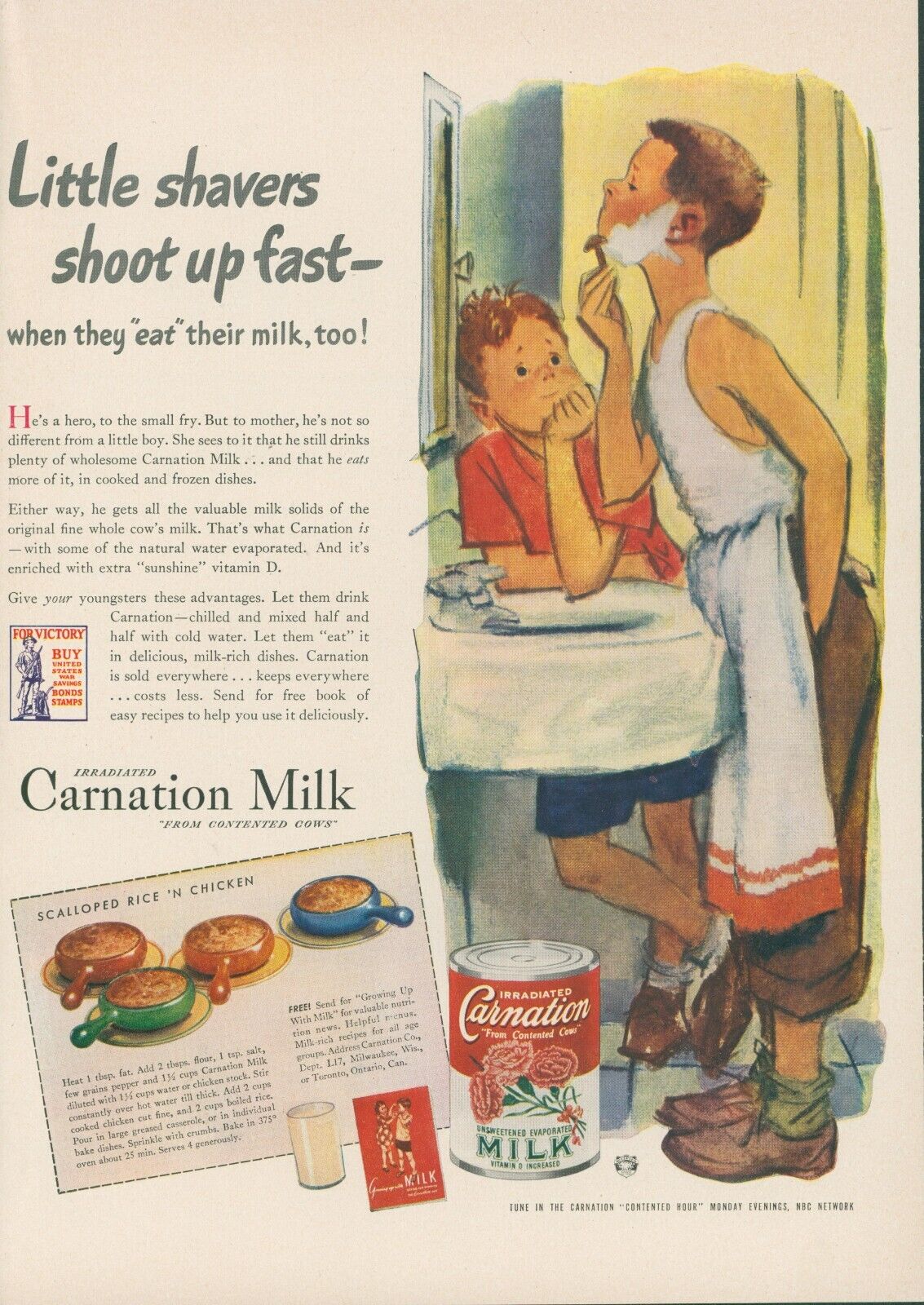 1943 Carnation Milk Shaving Little Shavers Shoot up Fast Recipe Print Ad L38