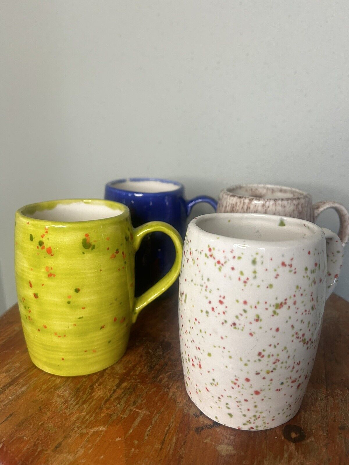 Vintage 1960s Speckled Painted Multicolor Handmade Ceramic Coffee Mug Set Of 4