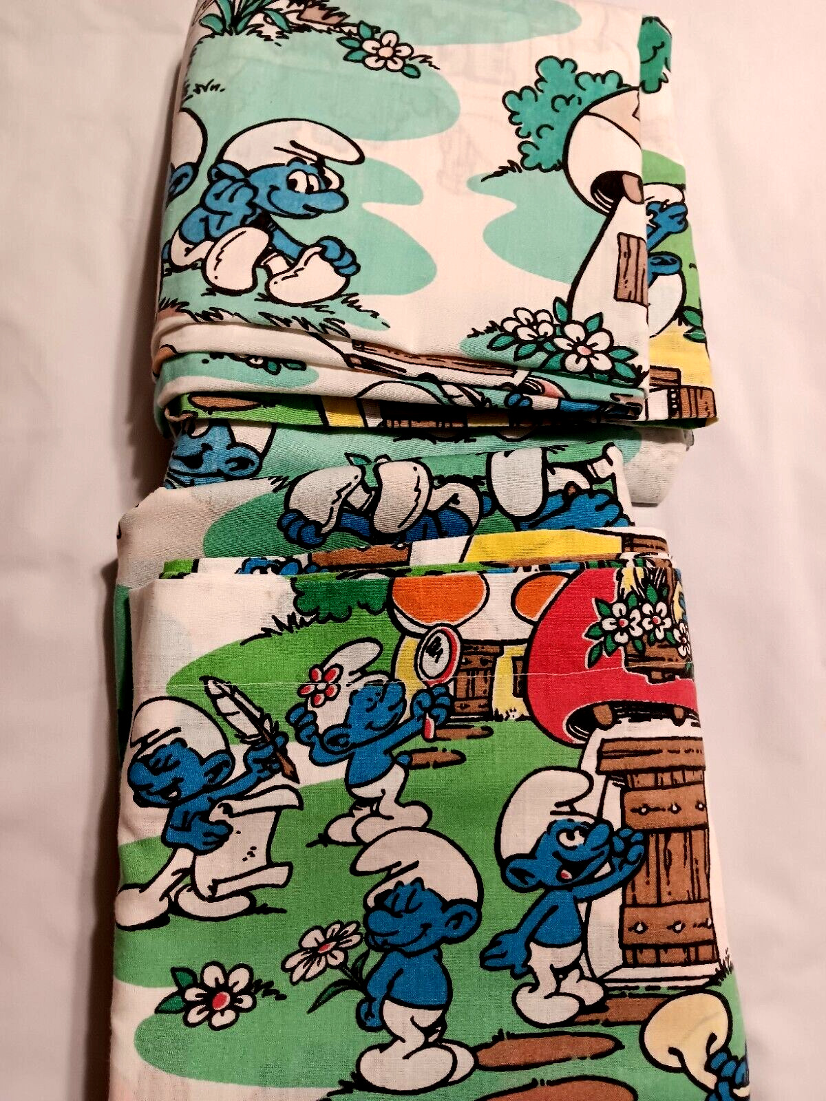 Vintage 1980s, Smurf Fabric (Shortened Sheets Used For Curtains)