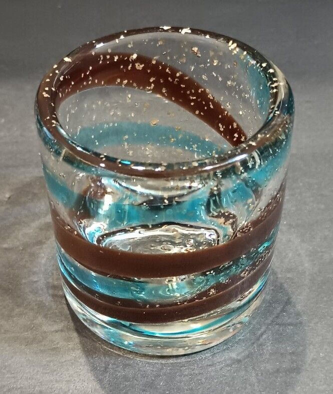 Hand Blown Swirl Glass Votive Candle Holder Blue Brown & Flakes 2.75\