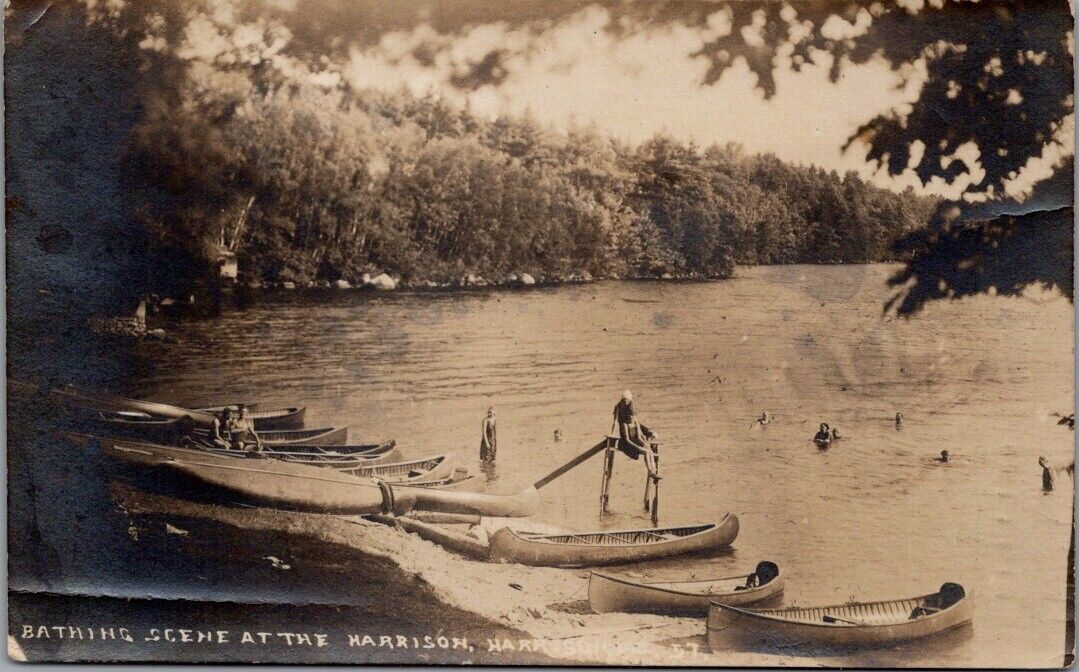 1924, Canoes, Bathing Scene at the Harrison, HARRISON, Maine Real Photo Postcard