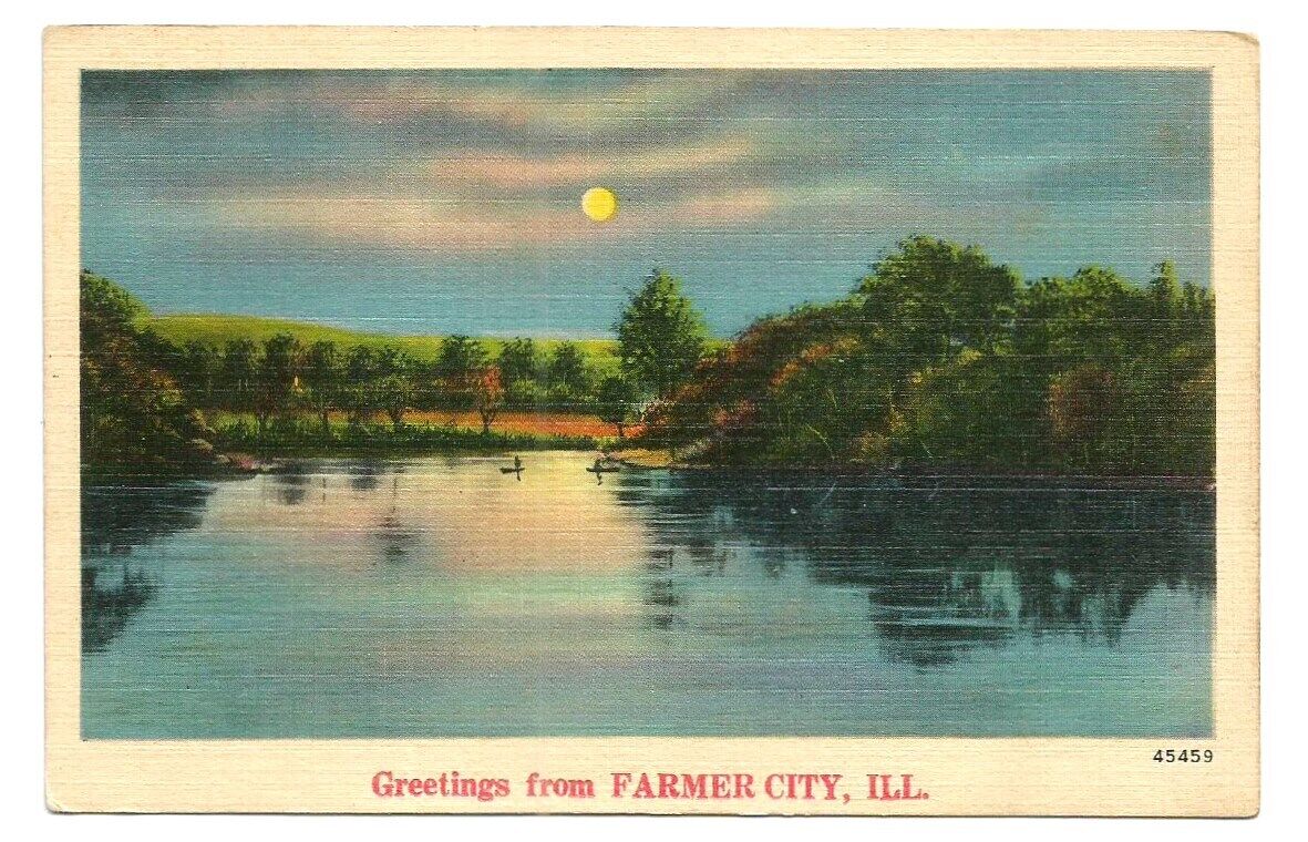 Farmer City IL Postcard Illinois Greetings Moonlight Lake Night