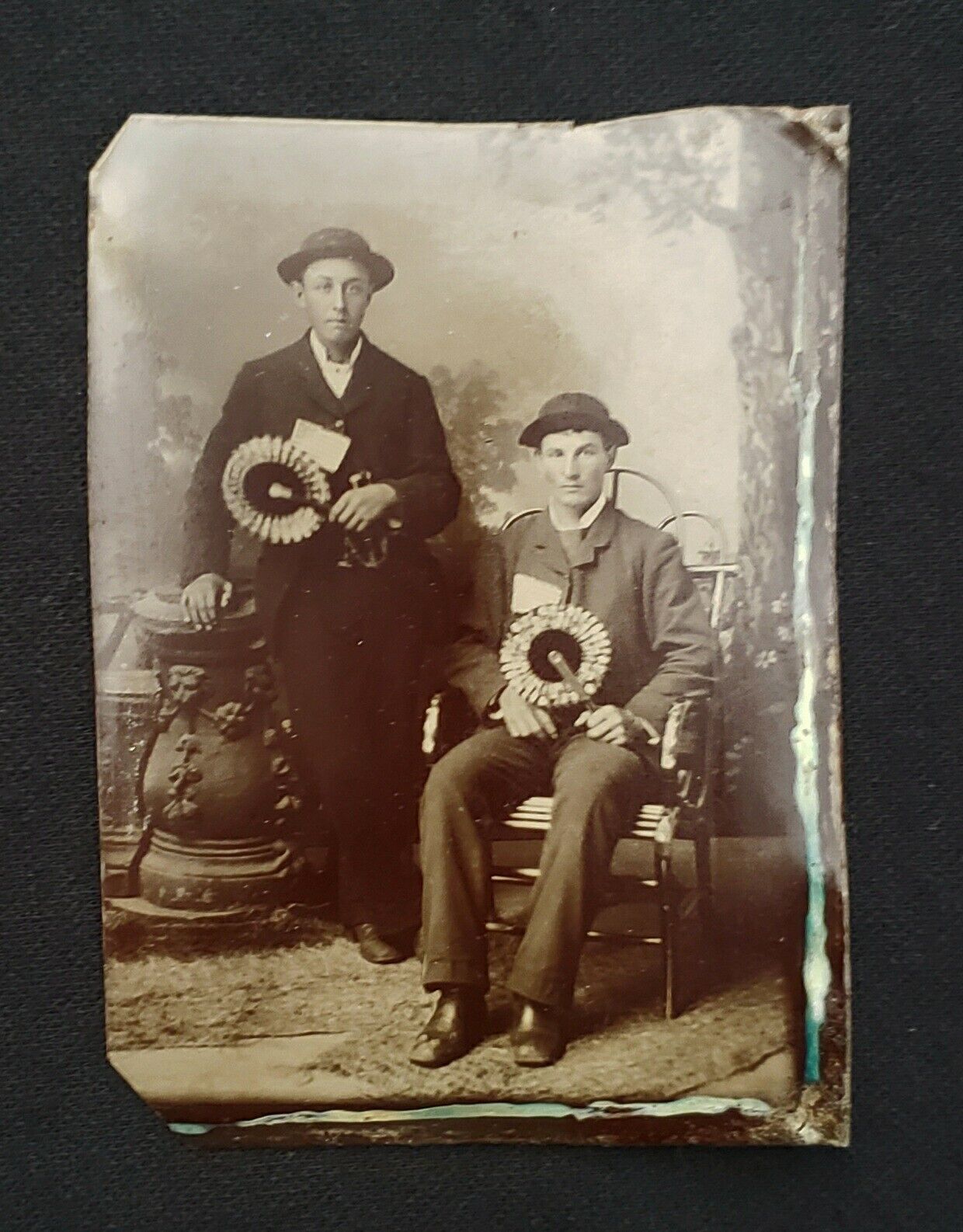 TINTYPE,  Two Gents with Advertising Fans, 1/6th Plate