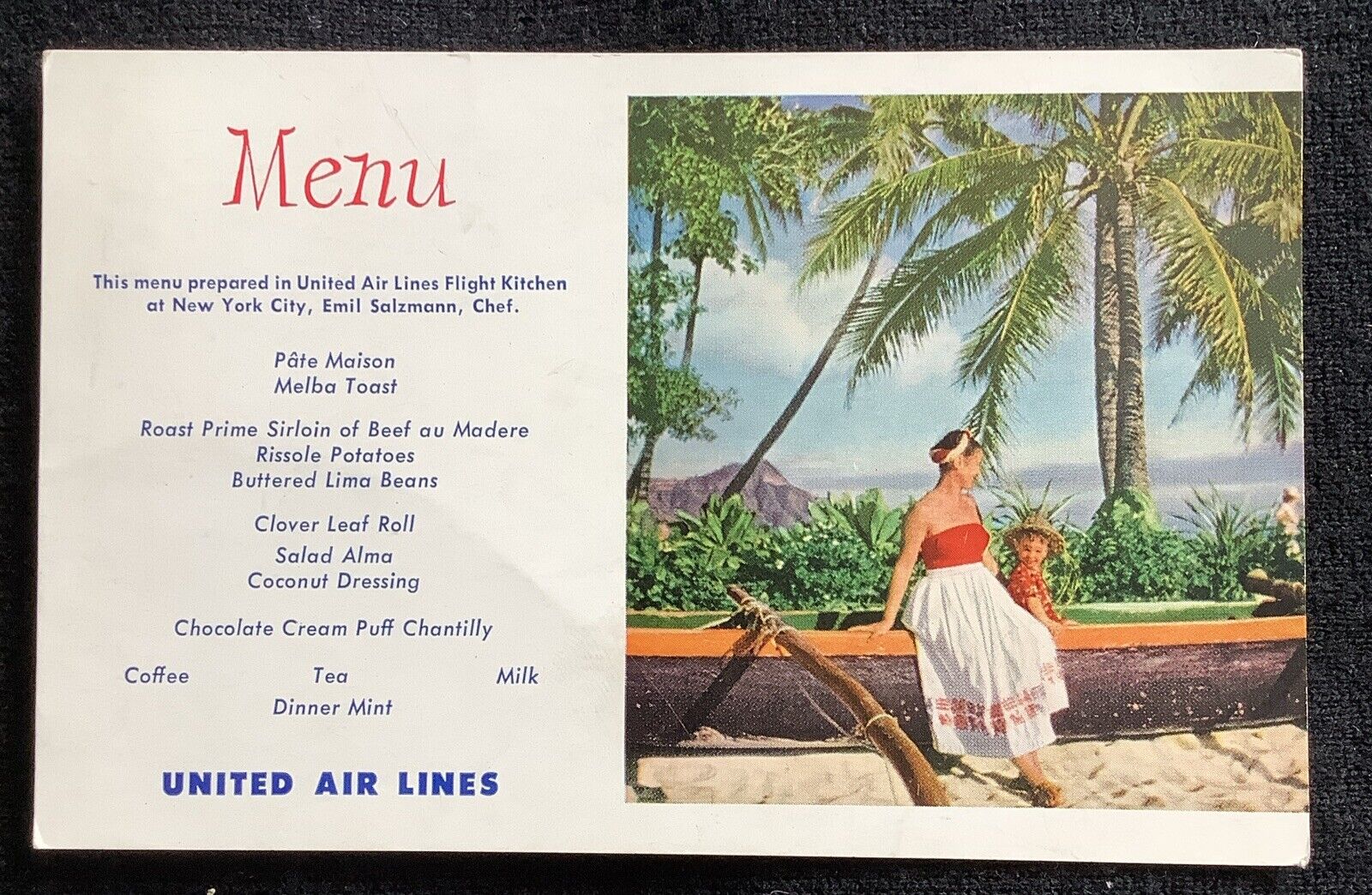 Vintage United Airlines Menu Honolulu Hawaii Postcard Antique