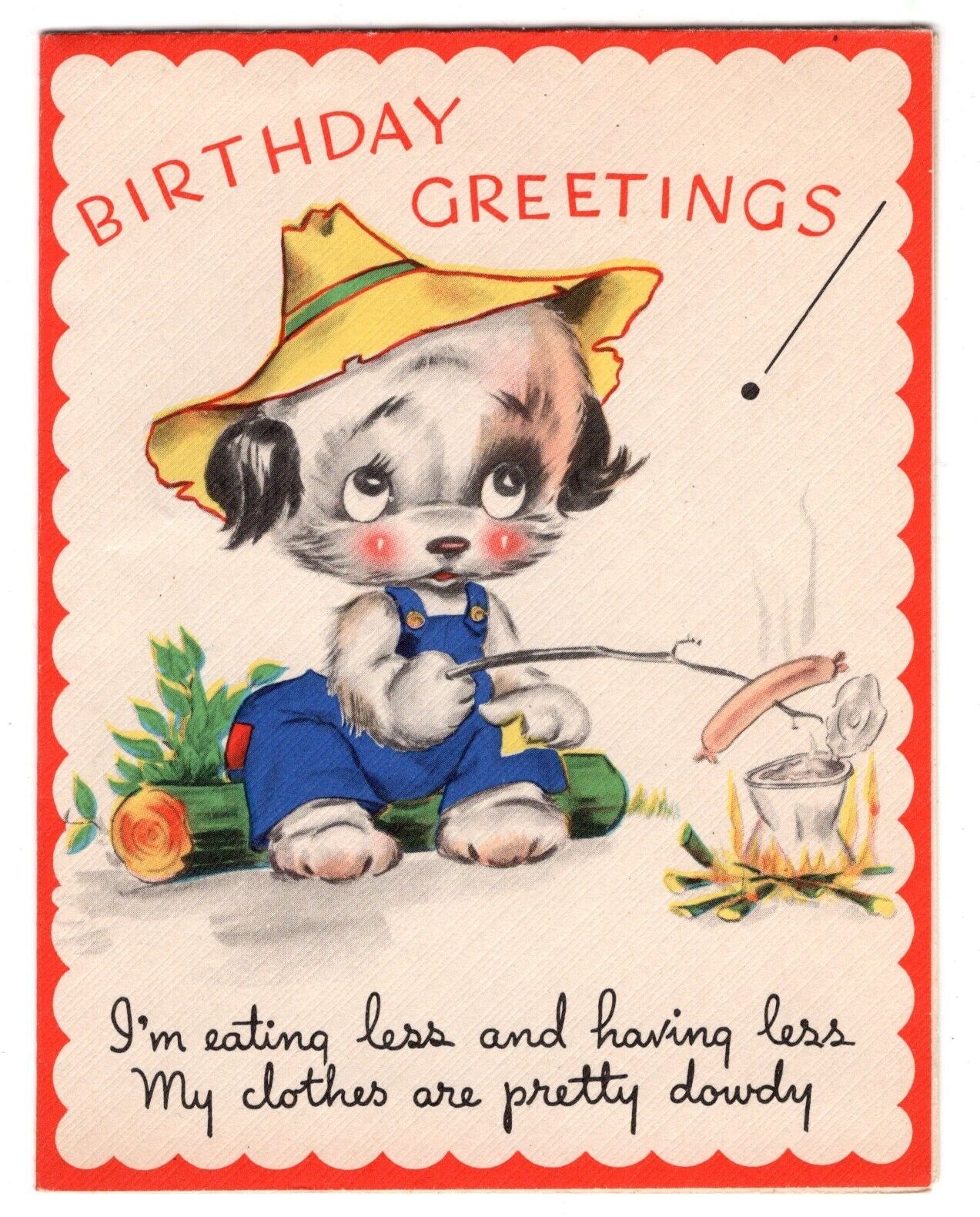 Vtg Rust Craft Birthday Card  Anthropomorphic Puppy  hobo 1943