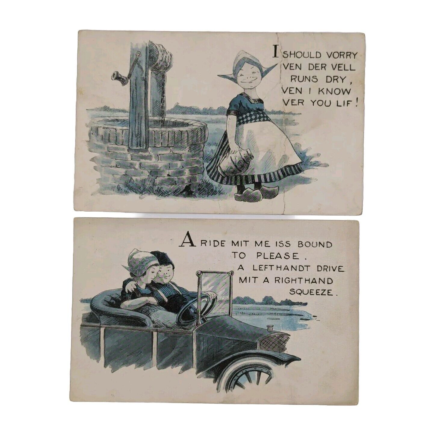 1910\'s Funny Blue Dutch Children Series Postcard Lot/2, 1 Cent Stamps, Posted