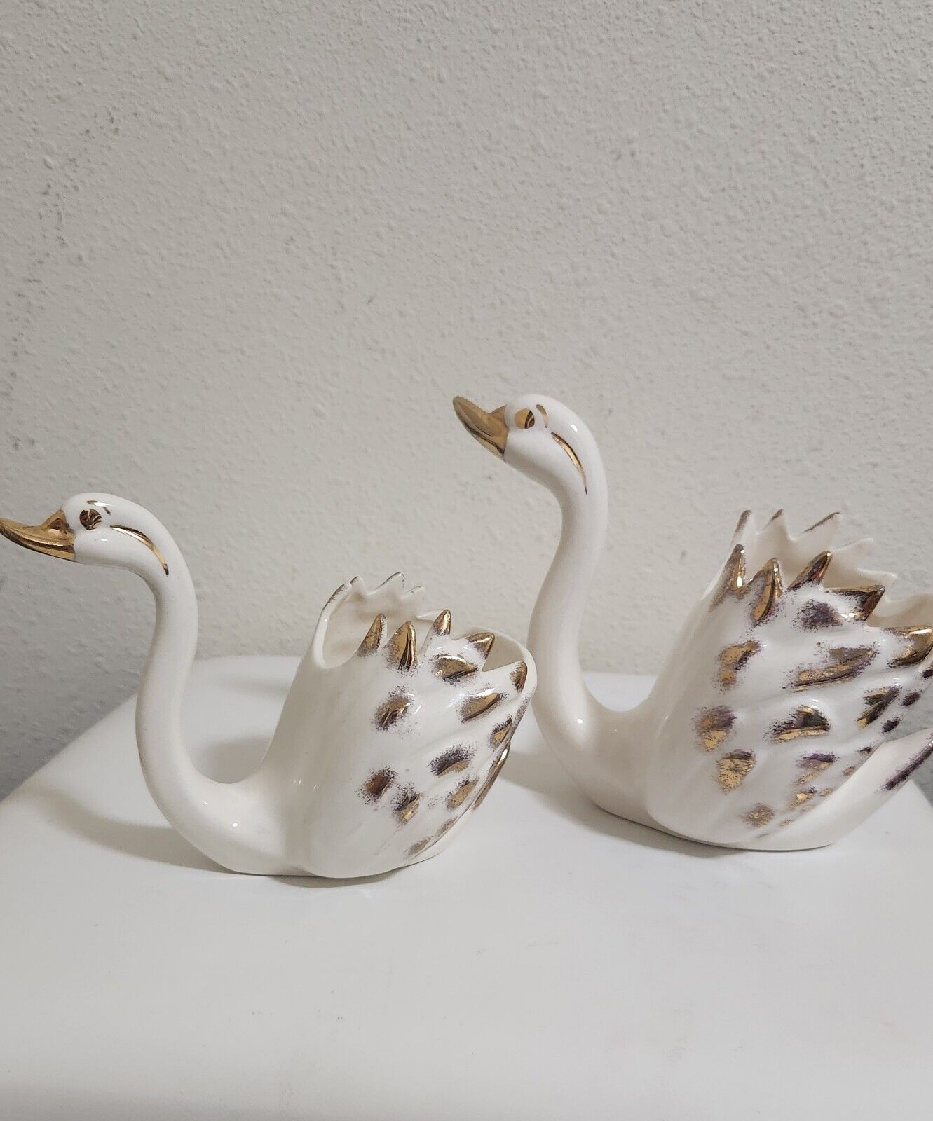 Pair of Porcelain White Swans w/ Gold Trim by California Pottery Smoke Free Home