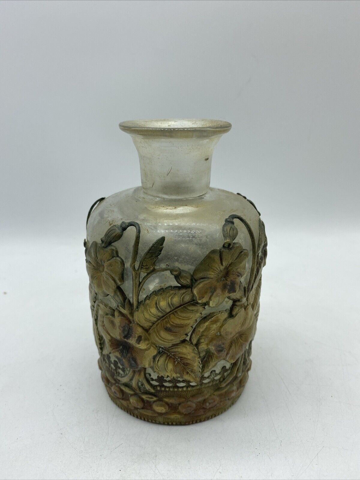 Antique  Metal Filigree Overlay Glass Decanter 5.5” Ornate Floral 1920s?