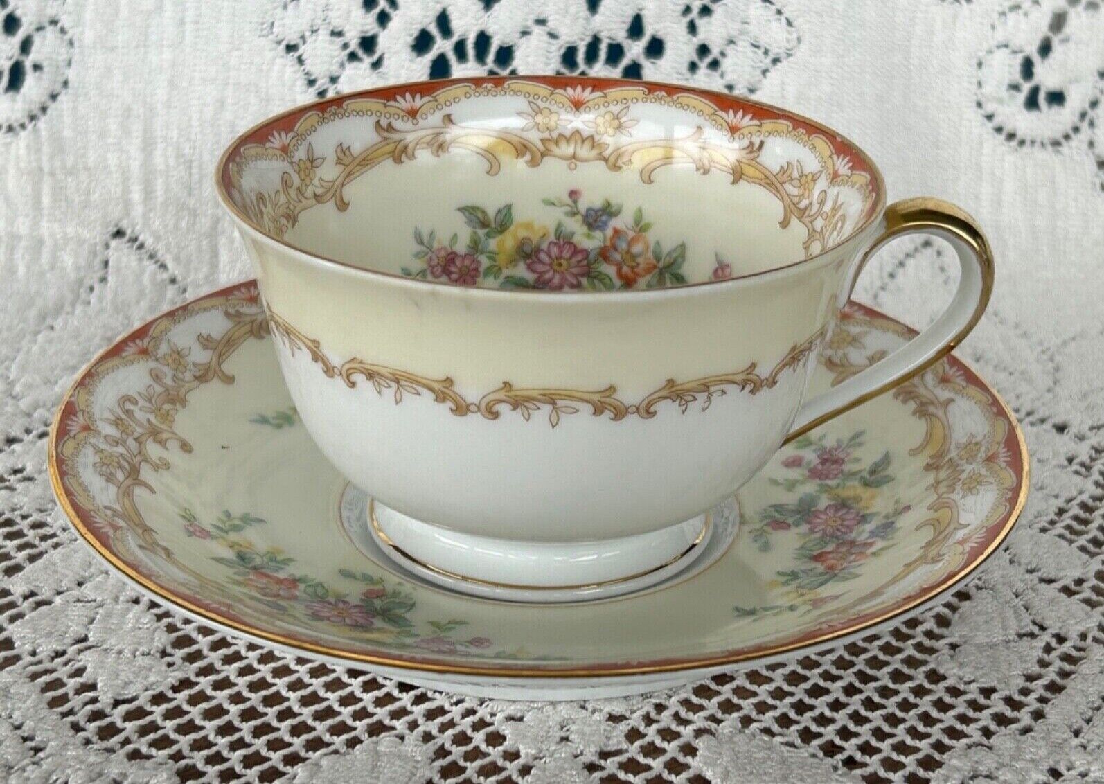 Rare VTG Noritake “MALONA” Lovely Cup & Saucer Set Red Edge Floral Bouquets EXC