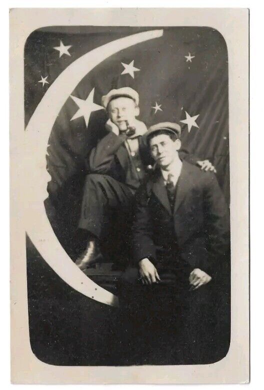 Antique Paper Moon RPPC Two Men Friends Smoking Pipe Photo Postcard Stars