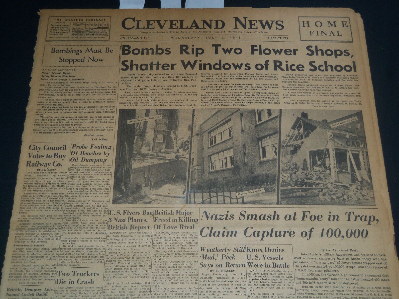 1941 JULY 2 AUGUST CLEVELAND NEWS NEWSPAPER BOMBS RIP TWO FLOWER SHOPS - NT 7454