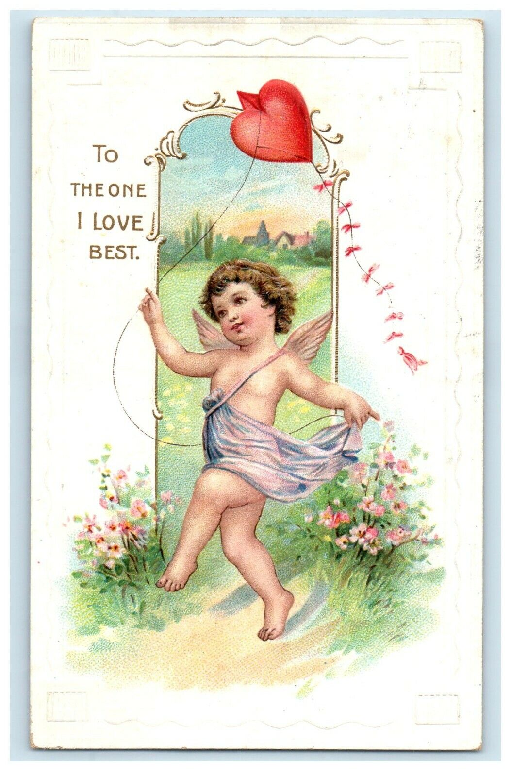c1910's Valentine Cherub Angel Heart Kite Flowers Embossed Germany Postcard