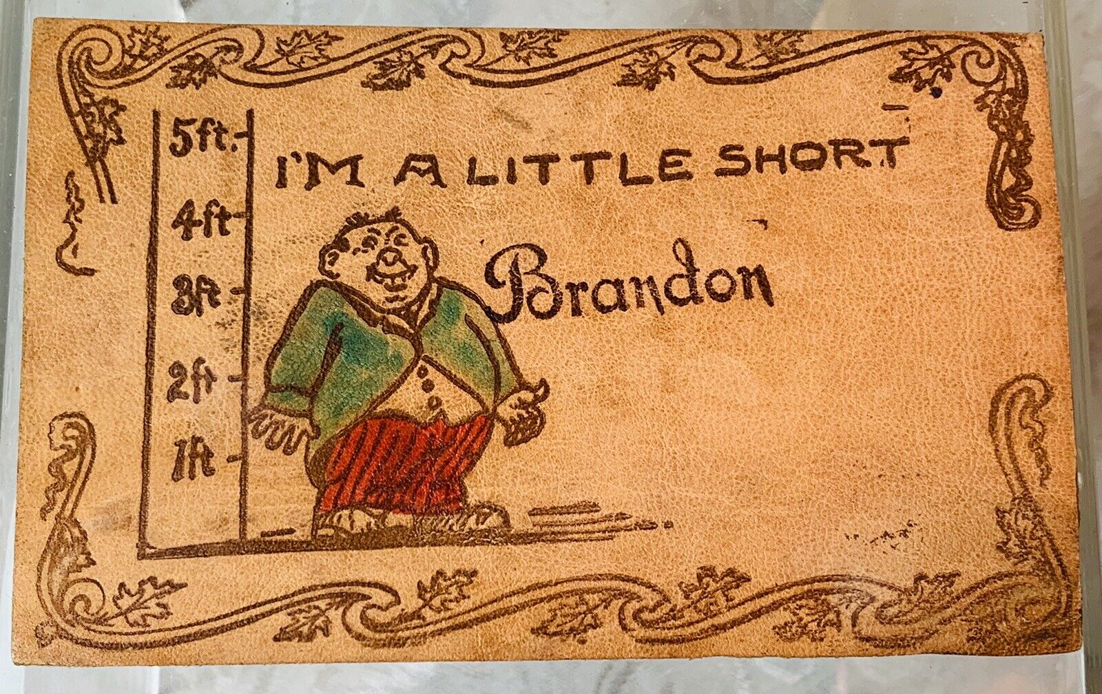 antique  “I’M A LITTLE SHORT” USED LEATHER POSTCARD