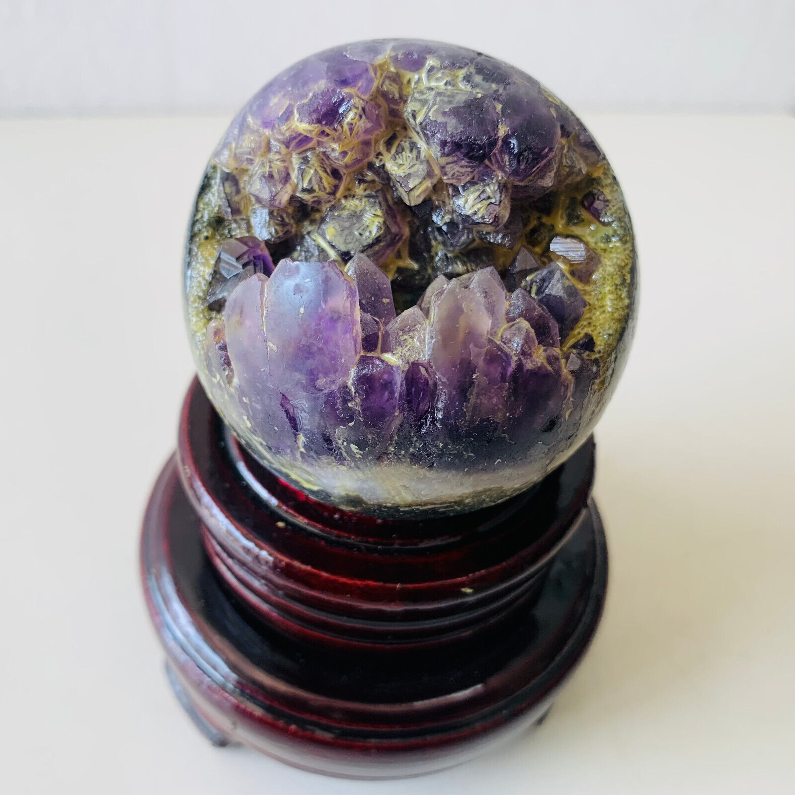 TOP 1.05LB Natural Amethyst smiles Sphere Quartz Crystal Ball Healing+stand CA33