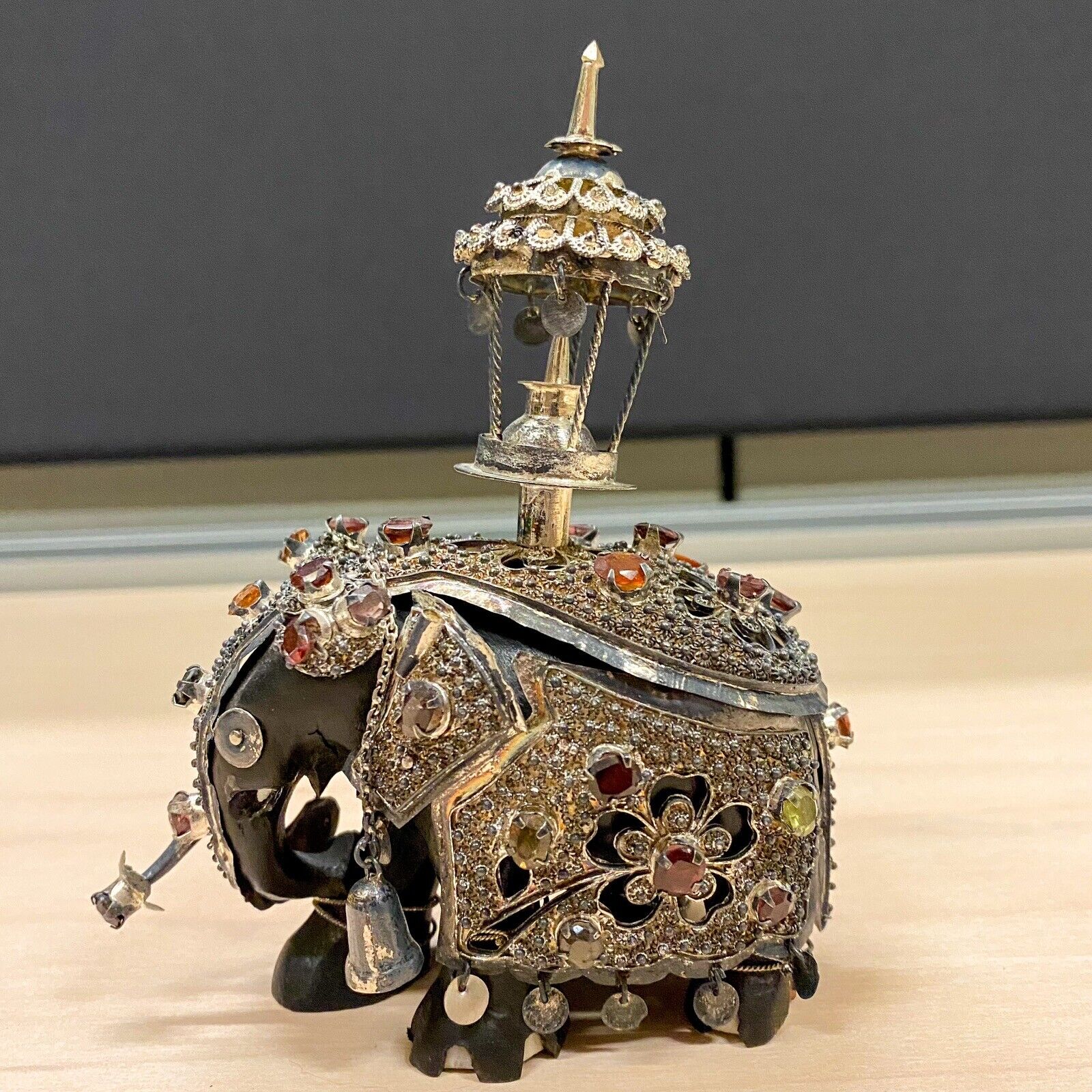 Sri Lankan Kandy Elephant Figurine Hand Made Metal Overlay Gems Gemstone Decor