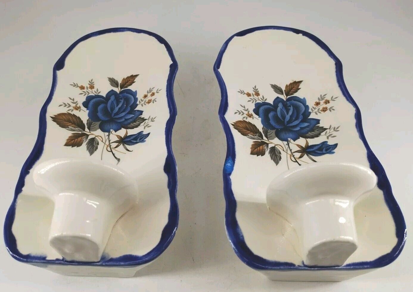 2 Vintage Polish Pottery Blue Floral Wall Candle Holders 7\