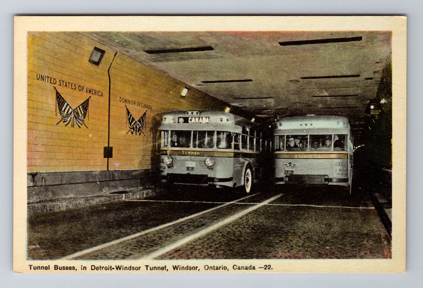 Windsor- Ontario, Tunnel Busses In Detroit Windsor Tunnel, Vintage Postcard