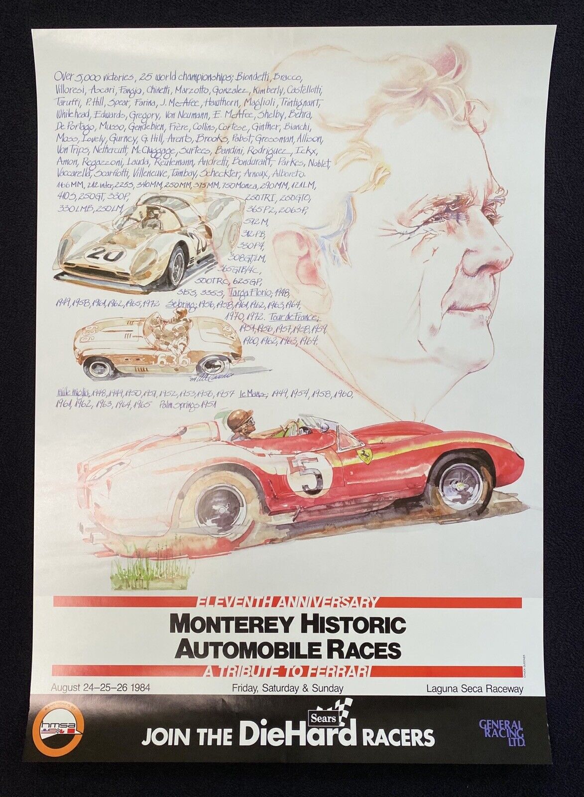 1984 Monterey Historic Races Poster Ferrari Tribute Phil Hill Chuck Queener 330