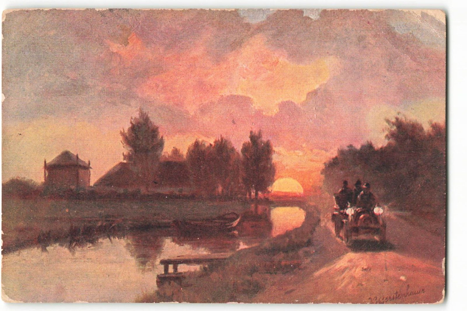 Postcard 1908 Men driving sunset dirt road pond - chromotypie VTG ME2.