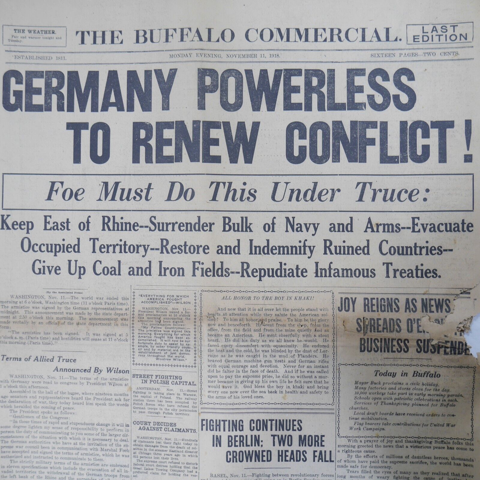 3 WWI Armistice Nov 11 12 1918 Buffalo NY Newspaper Commerical & Courier Express
