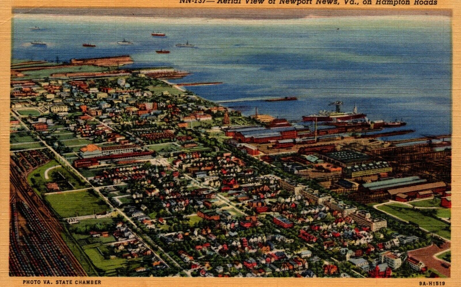 Virginia Aerial View of Newport News on Hampton Roads Vintage Linen Postcard 