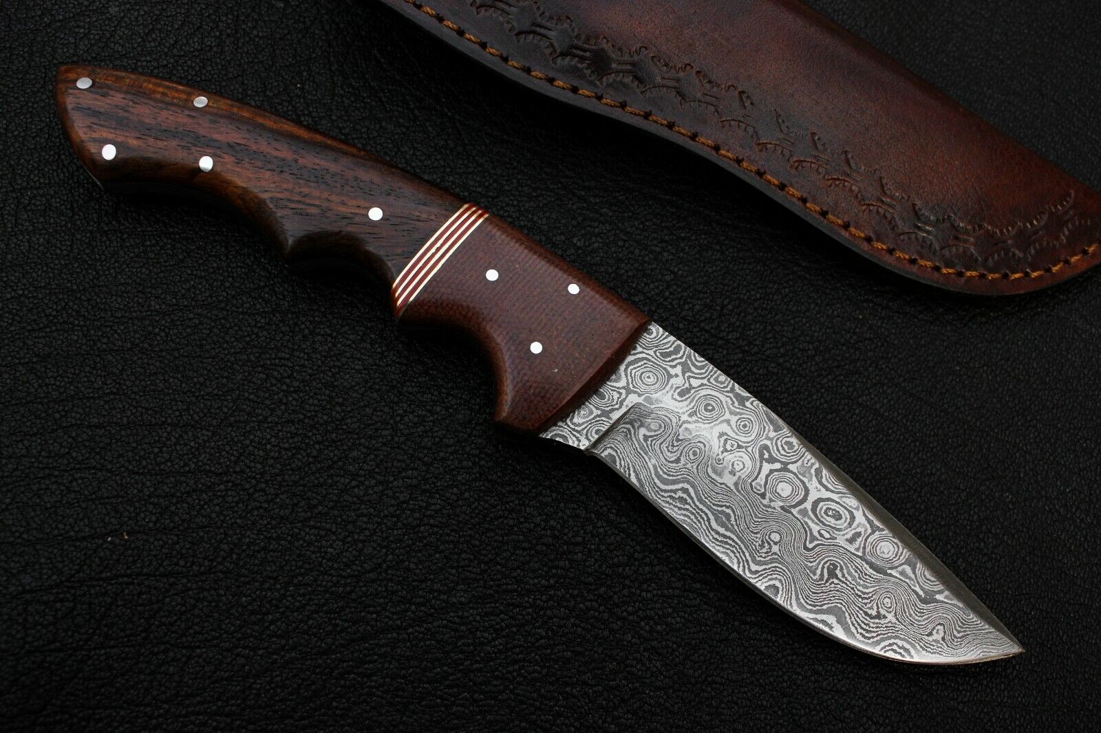 HANDMADE DAMASCUS STEEL SKINNER/HUNTING KNIFE WITH REAL COW LEATHER SHEATH1775SK