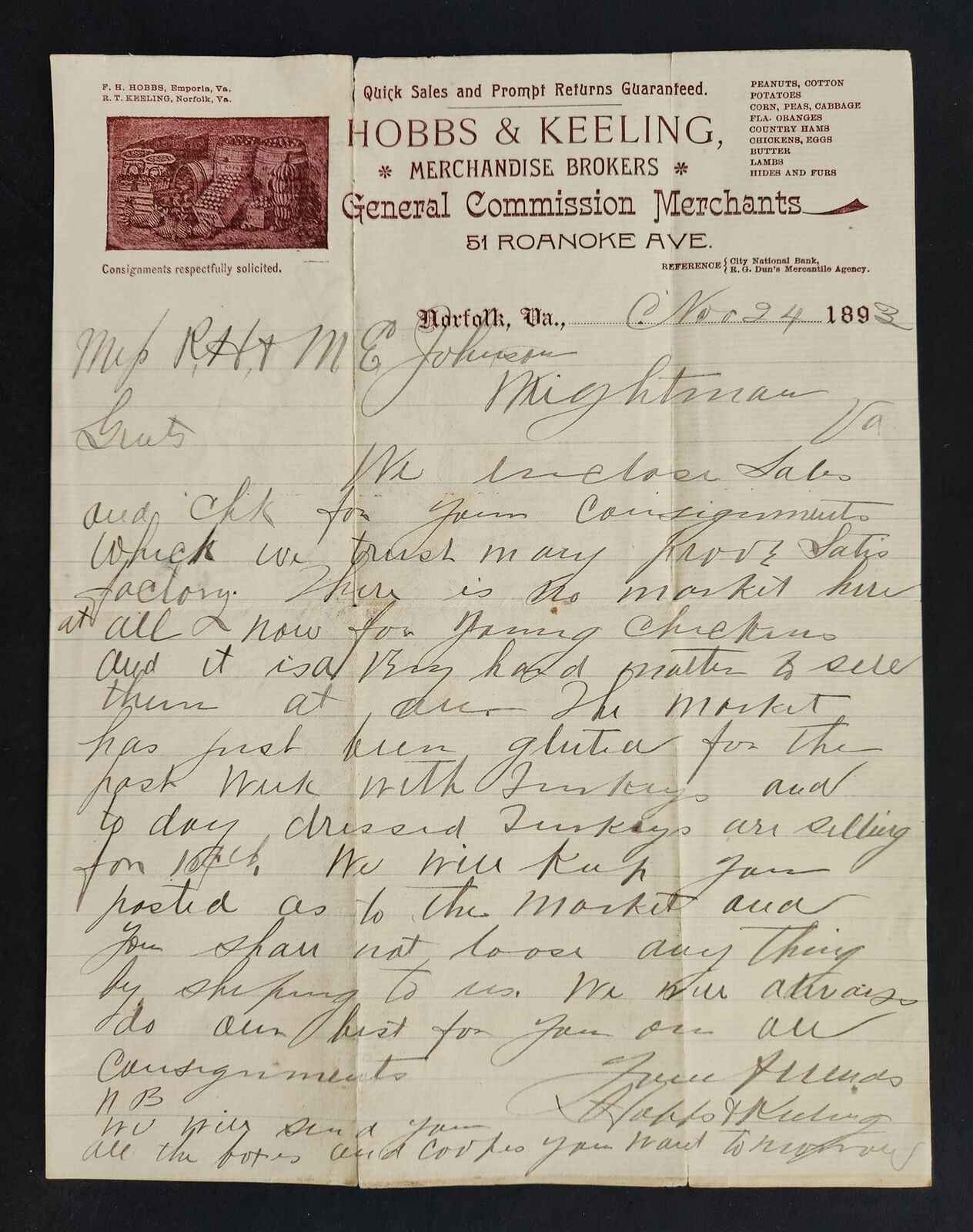 1892 antique HOBBS & KEELING norfolk va LETTERHEAD merchandise brokers letter
