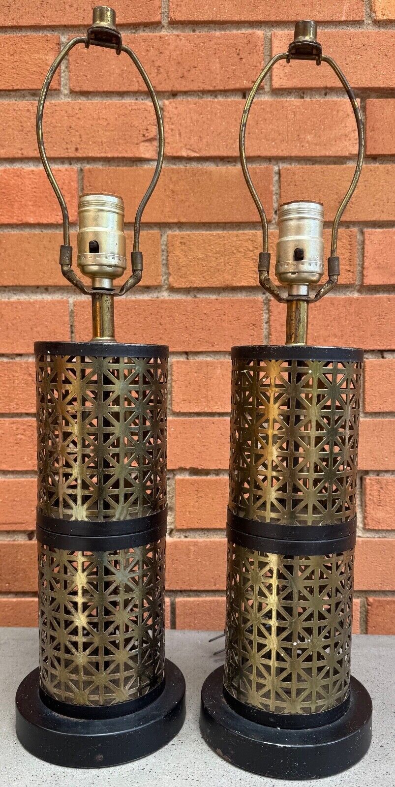 Pair Vintage 50s 60s Metal Mesh Black Gold Lamps Mid Century Lighting MCM Modern