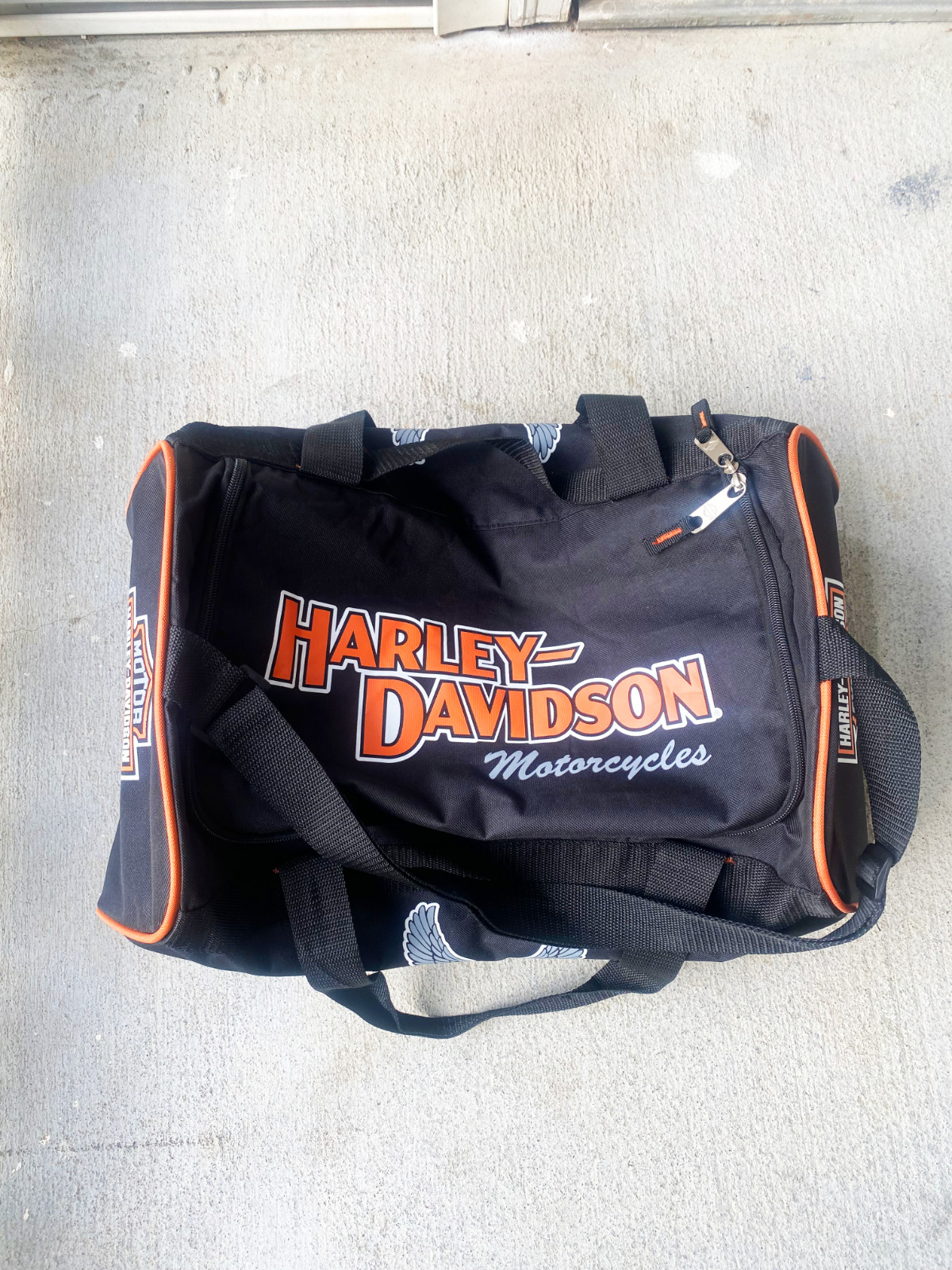 HARLEY DAVIDSON Motorcylcles Genuine Logo Black Orange Zip Duffle Bag