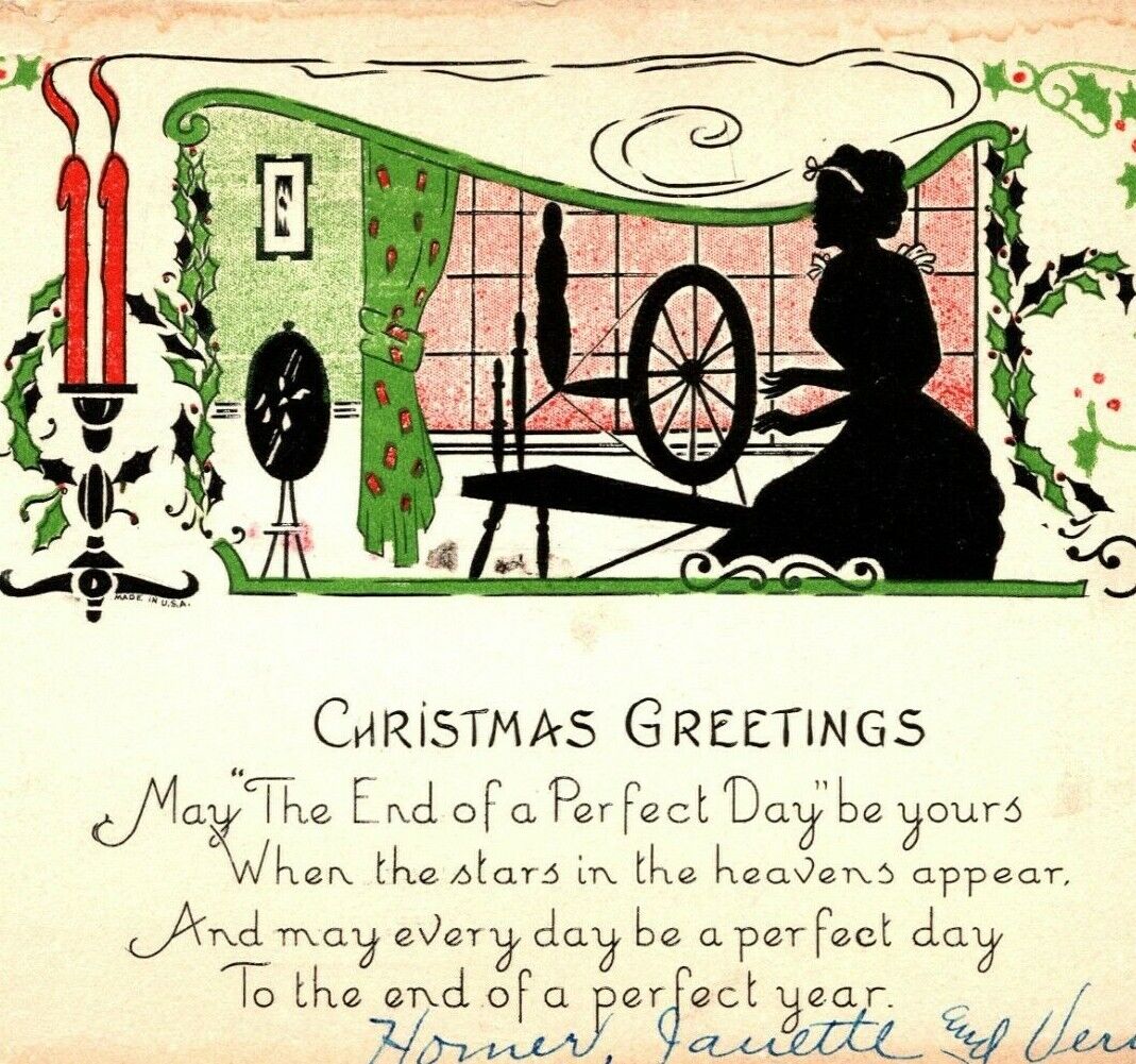 c1920 Christmas Greetings Yarn Spinner Silhouette Card