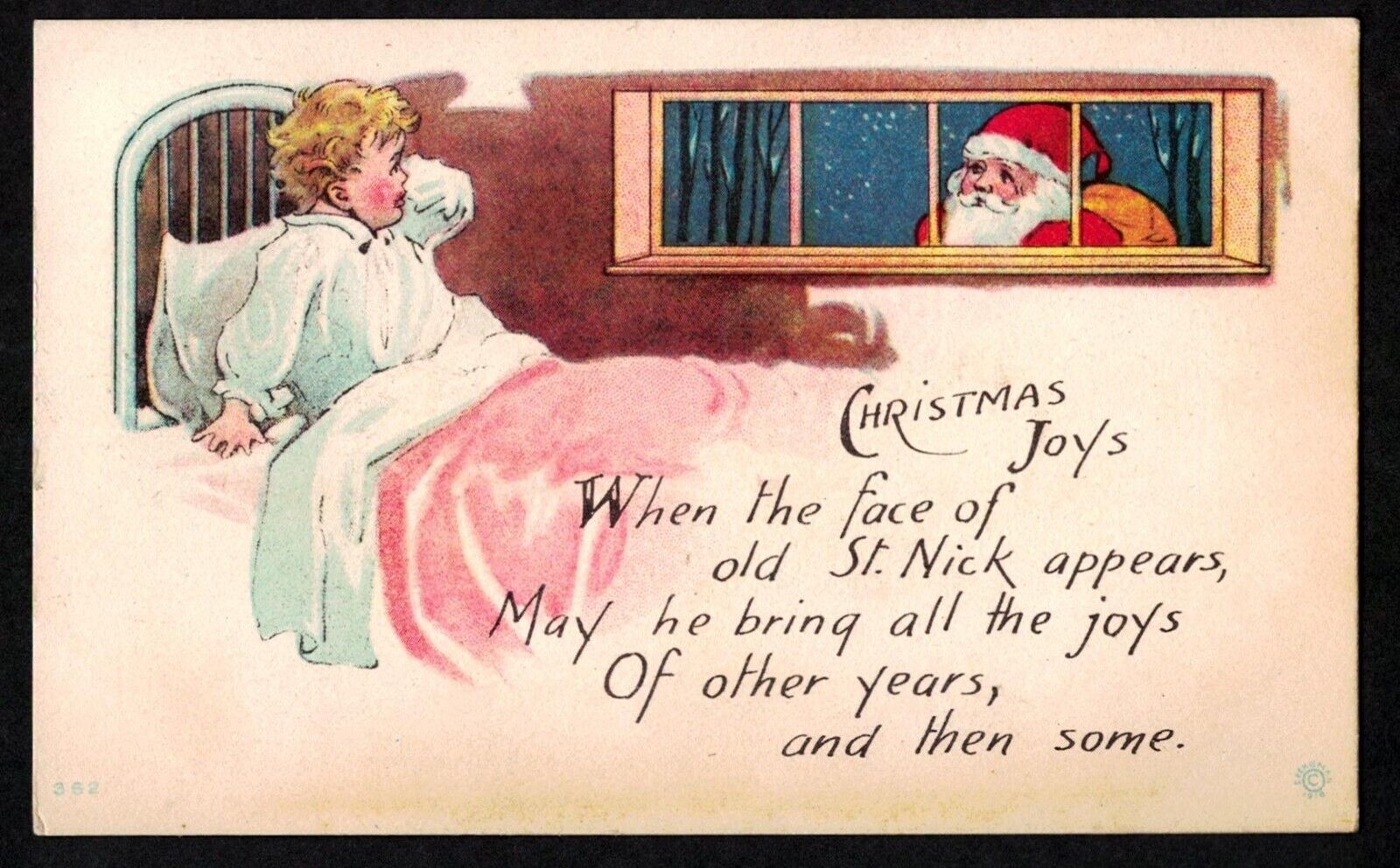 6302 Antique Vintage Postcard CHRISTMAS JOYS Santa Claus Window Child Pink Bed