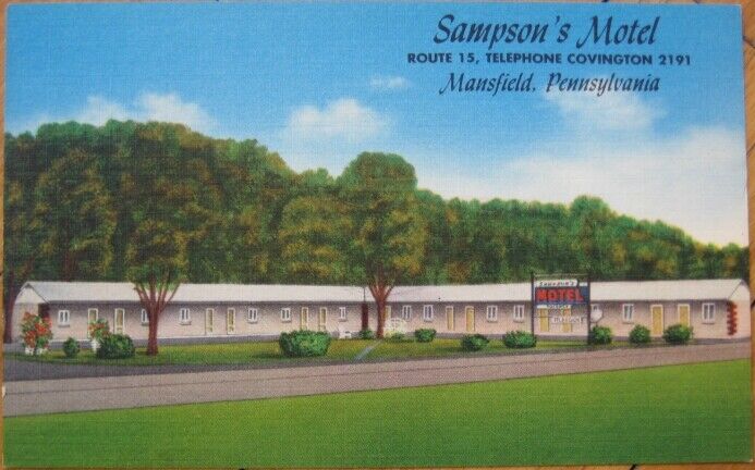 Mansfield, PA 1940 Linen Postcard: Sampson's Motel - Pennsylvania Penn