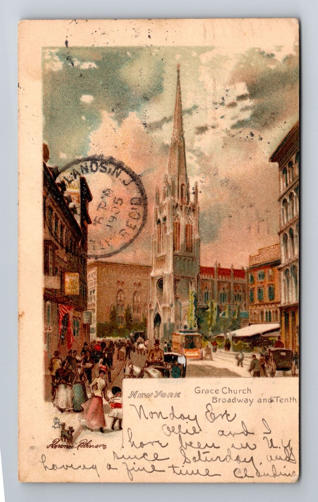 New York City NY, Grace Church, Broadway, Vintage c1905 Souvenir Postcard