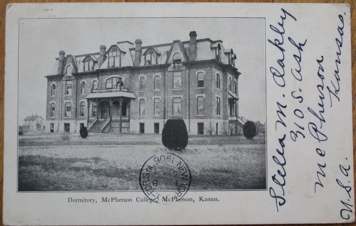 McPherson, KS 1906 Postcard: College Dormitory - Kansas Kans