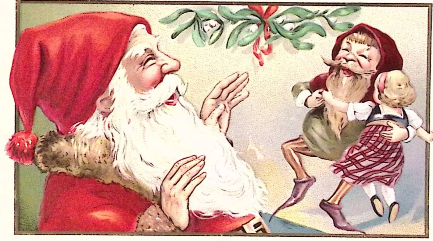 c1915 Christmas Postcard Brown Trim Jolly Santa Laughs Elf Dances With Toy Doll