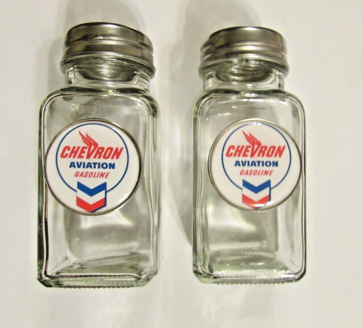 Chevron Gas Salt & Pepper Shakers, Aviation Gas Logo salt and pepper shakers