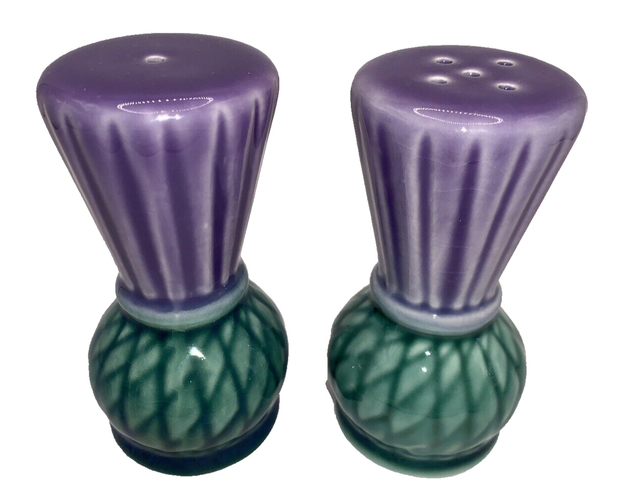 Vintage Ceramic Salt and Pepper Shakers Scotland Purple Green Thistle Crazing