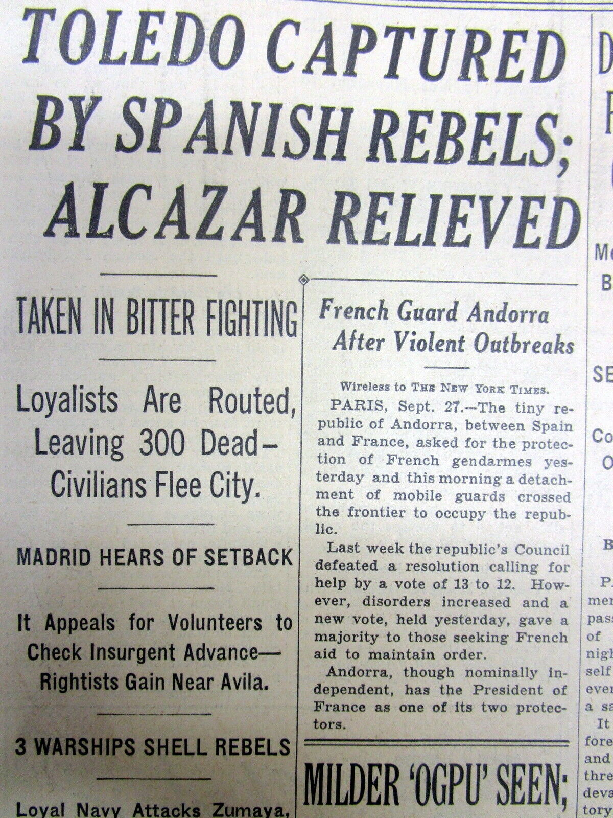 1936 NY Times newspaper SPANISH CIVIL WAR Capture of Toledo SPAIN byNATIONALISTS