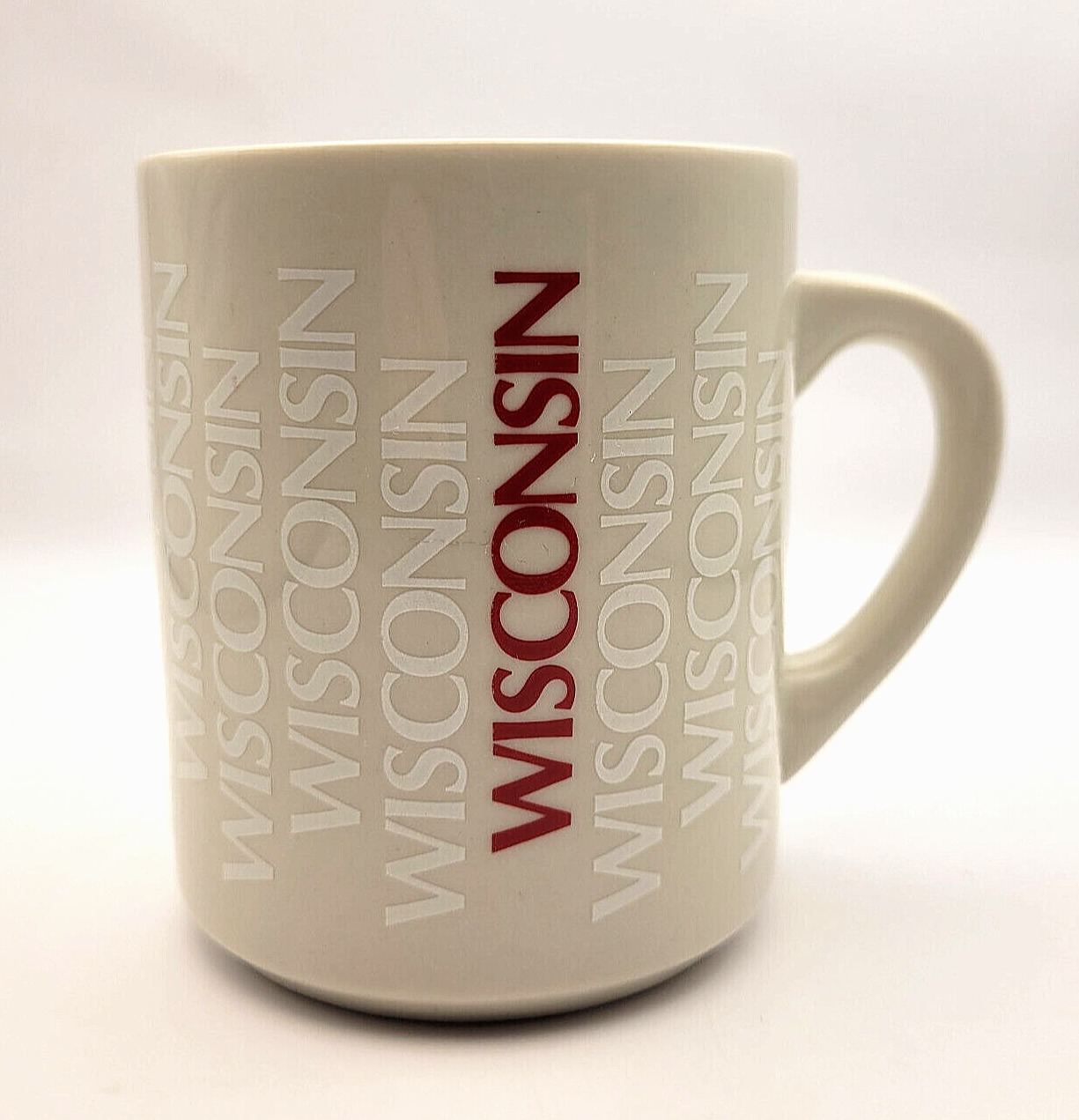 Wisconsin State Souvenir Coffee Tea Hot Mug Repeating Pattern in White & Red